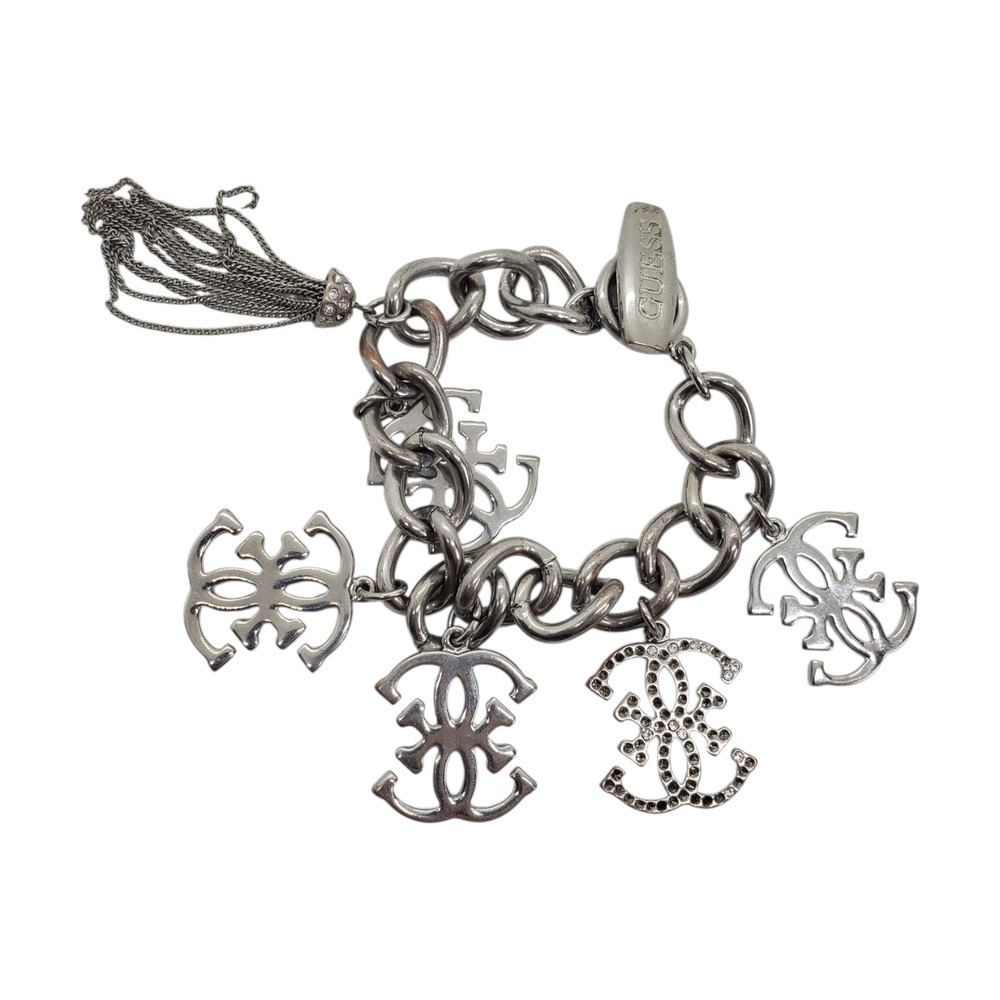 Vintage Guess Logo Big Charm Bracelet Silver Tone Rhinestone Tassel Chain Chunky